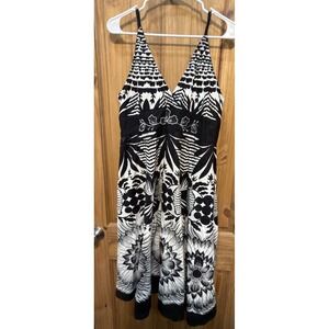 Black White Tropical Floral Sundress Spaghetti Strap Empire Waist Dress Women's